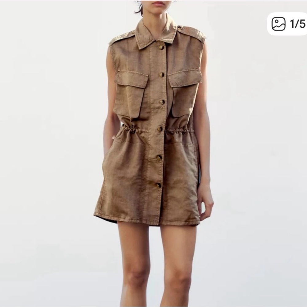 Zara SOLD OUT Sleeveless Utility Shirt Dress in Washed Brown Taupe